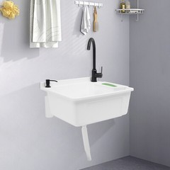 Plastic Wall-Mounted Utility Sink, Wall-Mounted Utility Tub with Hot&Cold Faucet