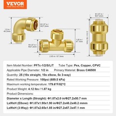 VEVOR Pipe Fittings 1/2″ 25PCS (Straight,Elbows,Tees) Push-Fit for Air System
