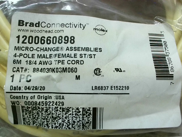 Woodhead 884030K03M060 Cordset Micro Change 4P Stright Male/Female 6M-New In Box