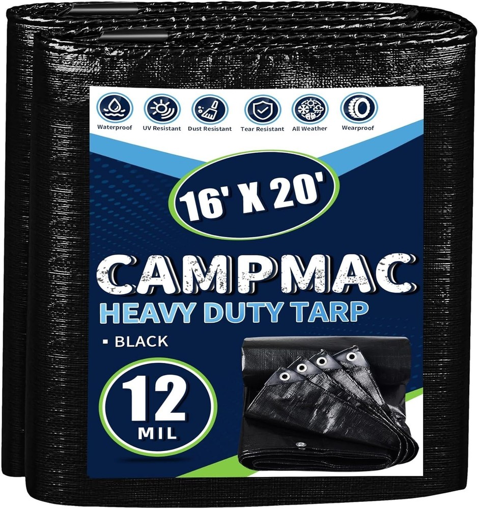 Black Tarps Heavy Duty Waterproof 16×20, 12 Mil Thick, High Durability, Rip a…