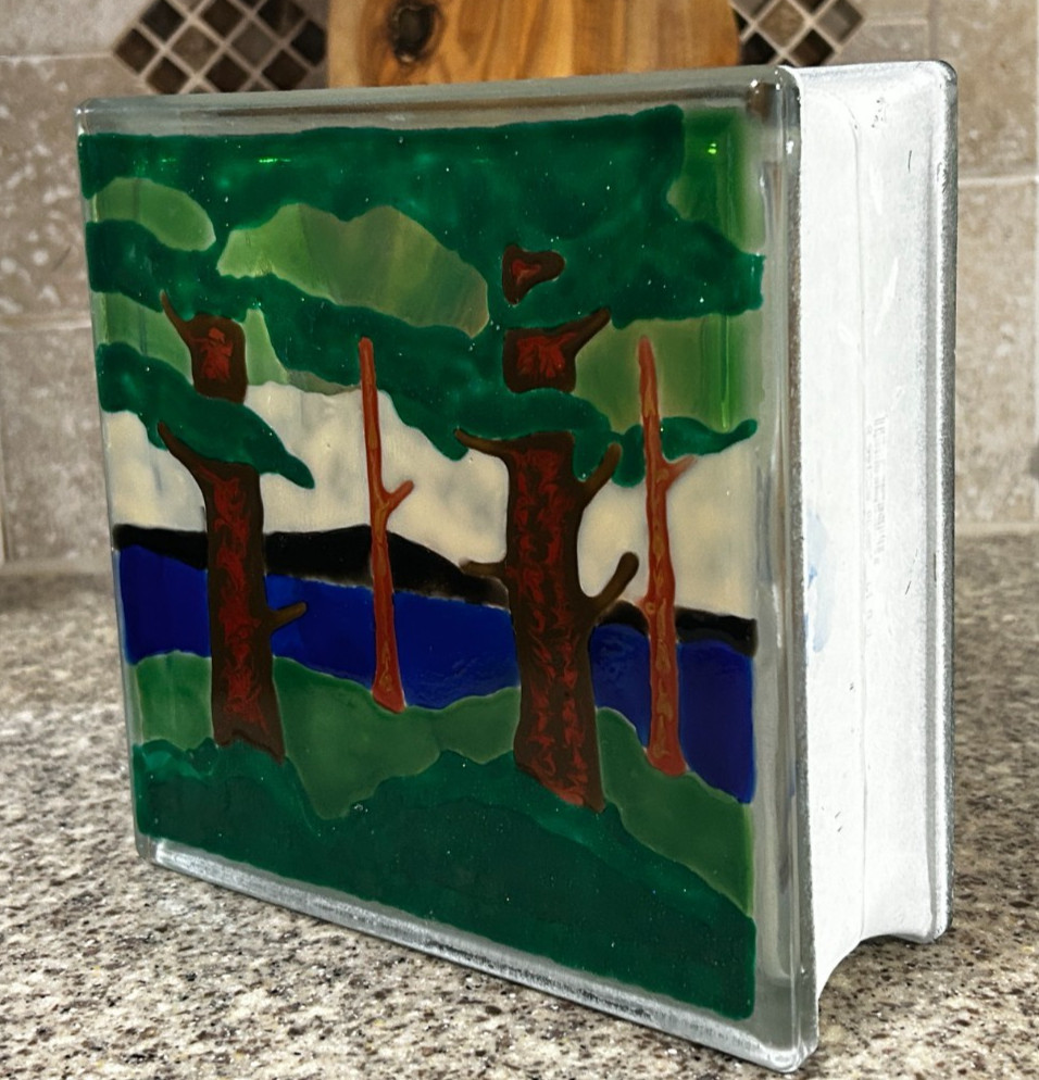 Hand Painted~Glass Infused~Block~Lake Scene~7½” x 7½” x 3″