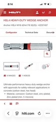 (21pcs) Hilti HSL4 M16 50/25 178 MM Heavy Duty Wedge Anchor, anchor bolts