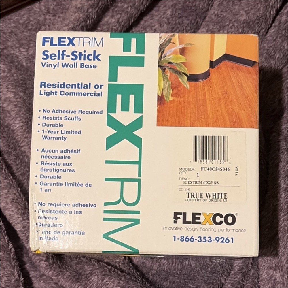 Flexco FLEXTRIM Vinyl Wall Base Trim 4 in x 20 ft True White Model FC40C54S046