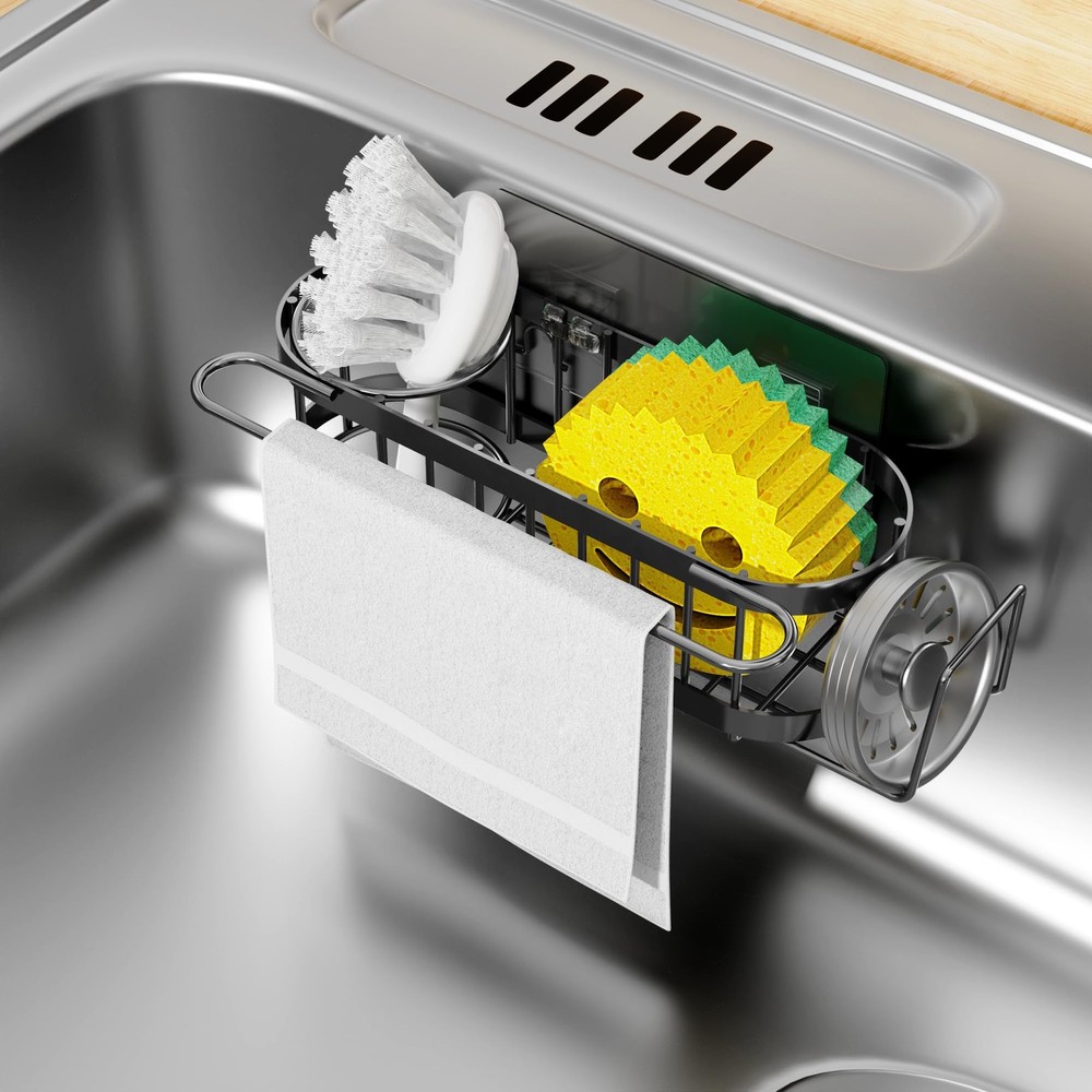 Cisily Kitchen Sink Caddy Sponge Holder in The Sink, 1, Suction cup-Black