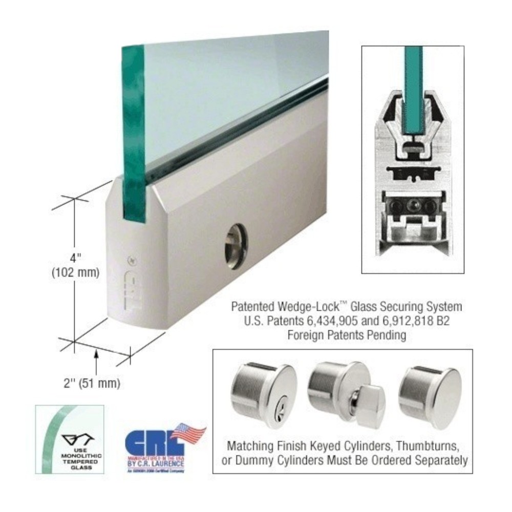 CRL DR4TSA12SL 4″ Door Rail Single Satin Anodized w/ Lock Lenght 35-3/4″