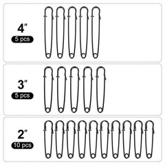 Bulk Pack of 20 Black Heavy-Duty Safety Pins – Assorted Sizes (2″, 3″, 4″)