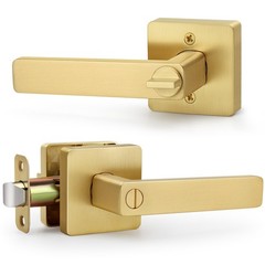Square Keyless Privacy Door Lever, Brushed Gold Door Handles, Heavy Duty Gold…