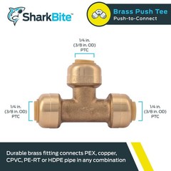 SharkBite 1/4 Inch (3/8 OD) Tee, Push to in. x 3/8 in., Brass