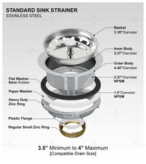 3.5 Inch Stainless Steel Sink Drain Strainer Basket Rubber Stopper Heavy Duty Ki