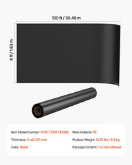 4 Mil Plastic Sheeting 6×100 ft Heavy Duty Black Poly Tarp Roll Vapor Barrier