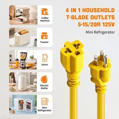 4-in-1 15 Amp to 20 -1ft Extension Cable&Power Adapter， T 1 ft, Yellow