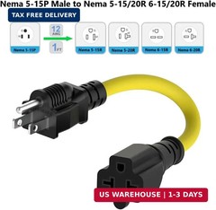 [2PACK] 1FT 15 Amp Household AC Plug to 20 Amp T-Blade Adapter Cable 12AWG Nema