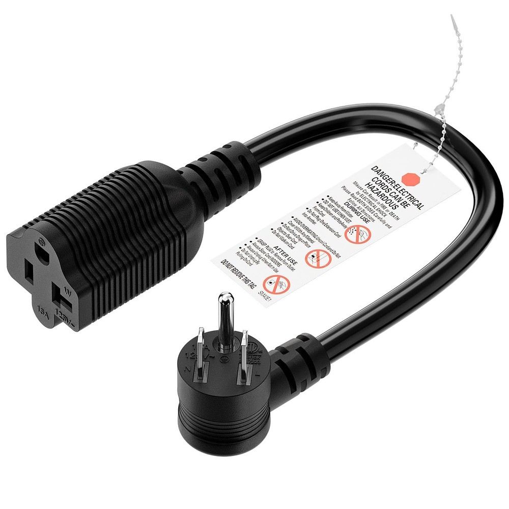 PluGrand 1-Foot Right Angle15 Amp Household AC Plug to 20 T Blade Black