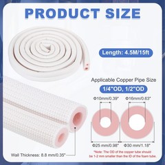 HVAC Copper Pipe Insulation Foam Tube 1/4″ 1/2″ ID Pipes, 15ft, White/Pink