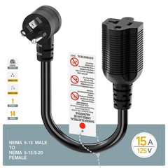 PluGrand 1-Foot Right Angle15 Amp Household AC Plug to 20 T Blade Black