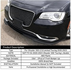 Front Bumper Lip Glossy Black 3pcs Lower Chin Spoiler for Chrysler 300 2015-2023