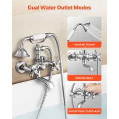 Wall Mount Clawfoot Tub Faucet with Handheld Shower, Brushed Nickel, Adjustable
