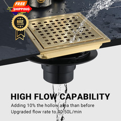 TRJIKAG 4 Inch Square Shower Floor Drain, Stainless 4 inch-Grid, Brushed Gold