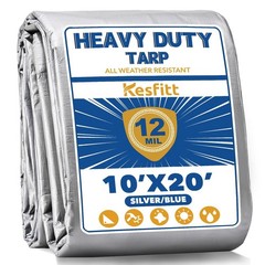 Kesfitt 12 Mil Heavy Duty Waterproof Tarp with Metal Grommets, 10×20 ft, Silv…