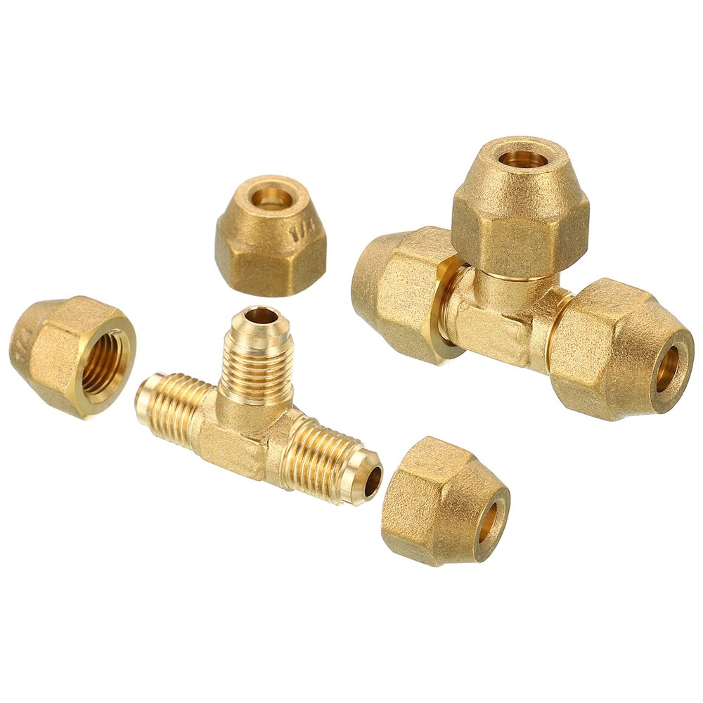 1/4″ x 1/4″ x 1/4″ Brass Fitting, 2 Pack Flare Tee Tube Fitting with Nut