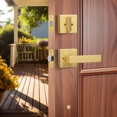 Brushed Gold Front Door Handleset Heavy Duty Gold Door Handle and Deadbolt Lo…