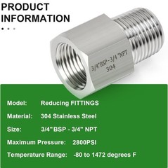 TAISHER 2PCS 304 Stainless Steel Fitting, Reducer Adapter, 3/4″ NPT x 3/4″ BSP