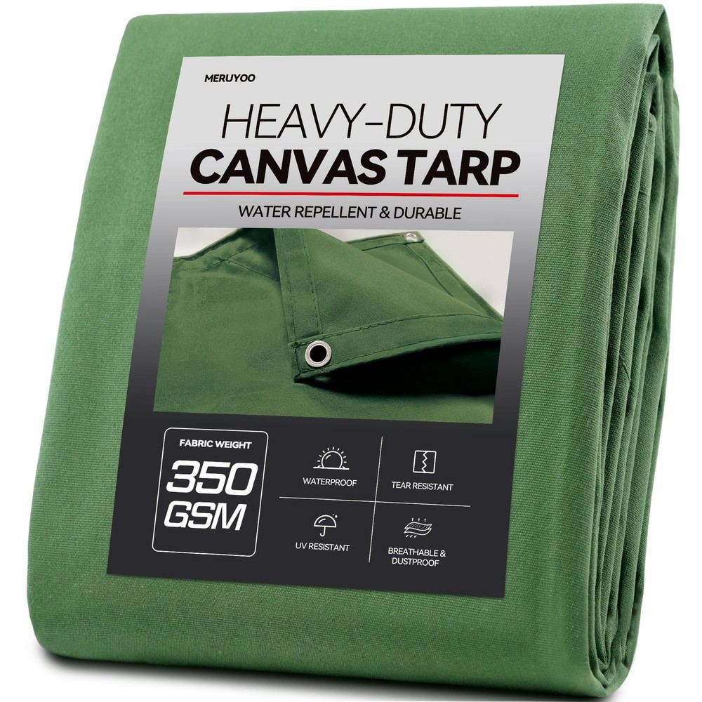 Canvas Tarp 10×12, 350 GSM Heavy Duty Canvas Tarp with Grommets, UV & Water R…