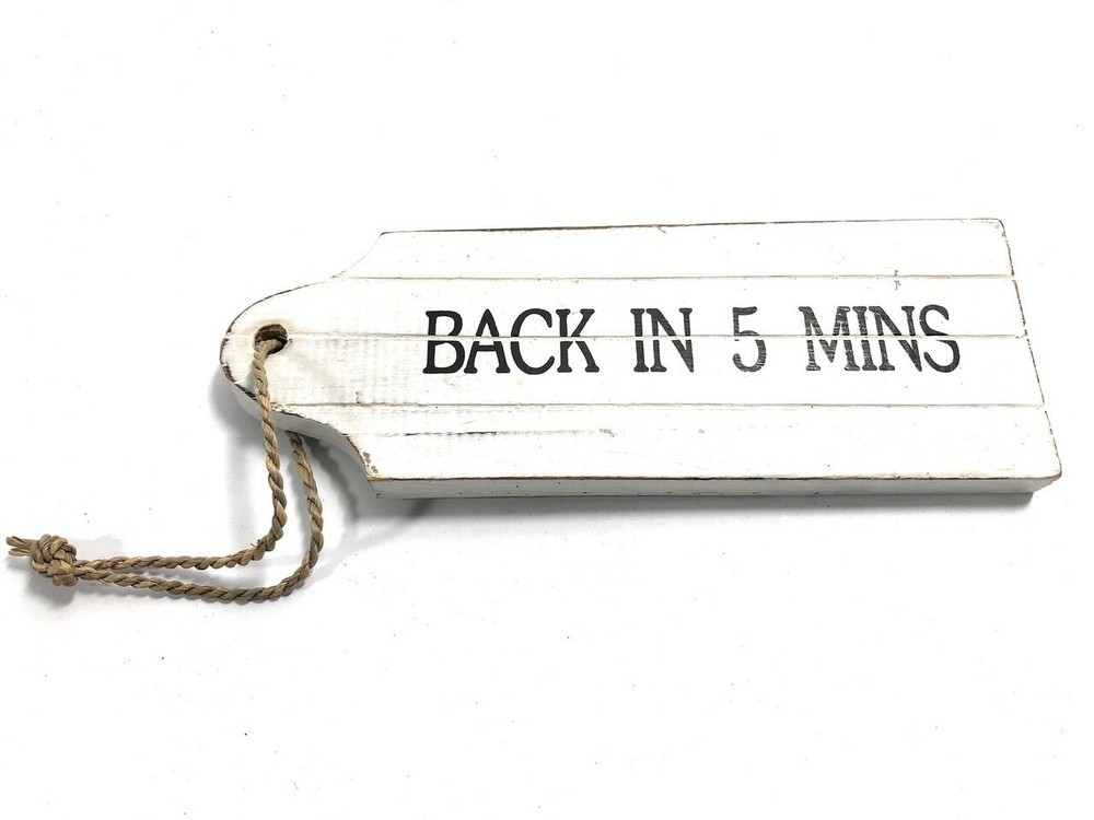 Back In 5 Mins Door Tag Wood Sign 9″ – Rustic Coastal | #snd25064
