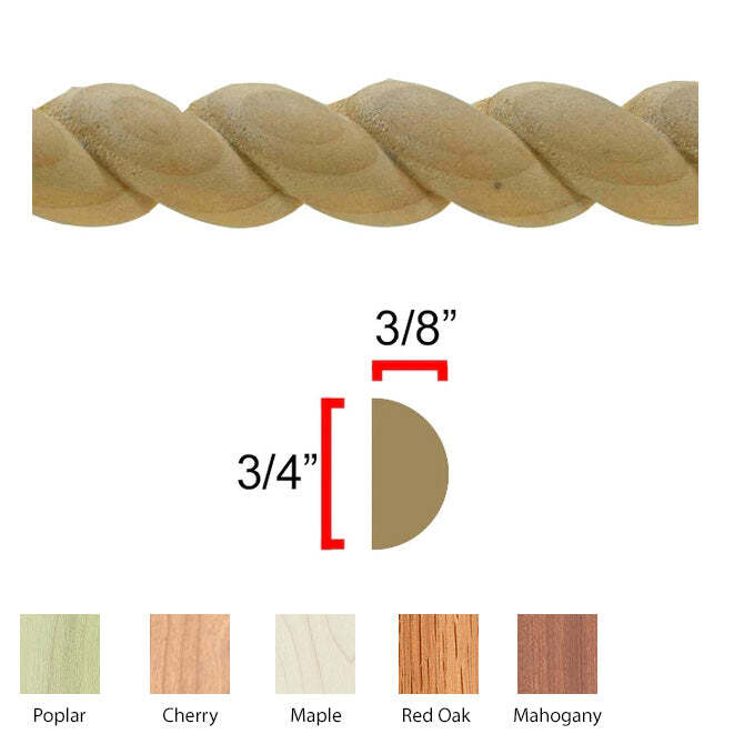 EWRM12 Rope Moulding, 3/8″ x 3/4″ Unfinished Solid Hardwood Trim