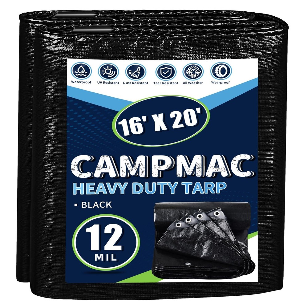 Black Tarps Heavy Duty Waterproof 16×20, 12 Mil Thick, High Durability, Rip a…