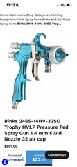 Binks Trophy Pressure Feed HVLP Spray Gun w/1.0mm spray nozzle – 2465-10HV-32S0