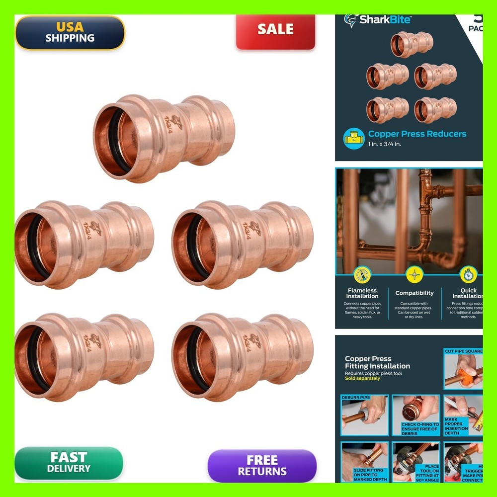 SharkBite 1 x 3/4 Inch Reducer Coupling Copper Press Fitting Pack of 5 UPR2822X5
