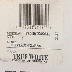 Flexco FLEXTRIM Vinyl Wall Base Trim 4 in x 20 ft True White Model FC40C54S046
