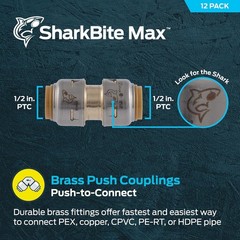 SharkBite Max 1/2 Inch Coupling, Pack of 12,PEX Pipe, Copper, CPVC, UR008