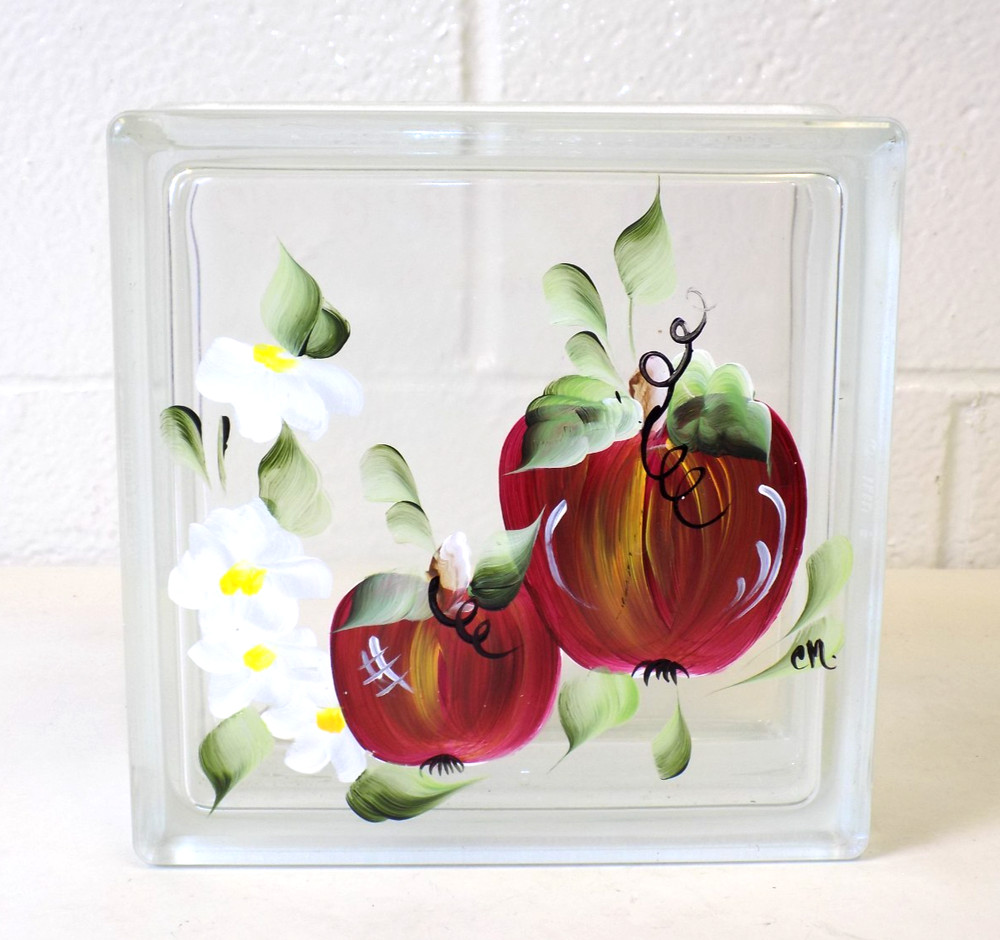 Hand Painted Glass Block 7.75” Decorative Wall Insert Backlit Ready Apple Design