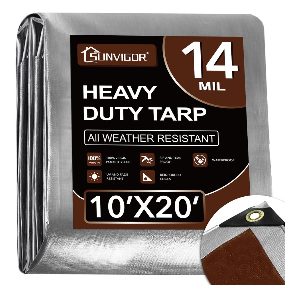 Sunvigor Tarp Waterproof 10x20Ft, Heavy Duty Tarp Cover Extra Thick 14 Mil Te…