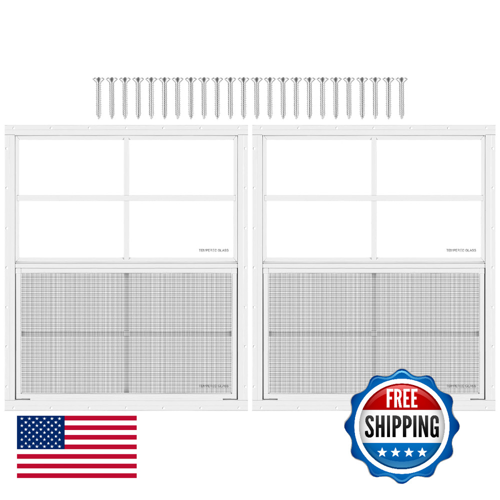Musselton 2 Pack Shed Window 24Wx27H White Flush Mount Window Tempered Glass