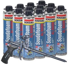 Soudal Kit, 12-24 oz Cans All Season Window & Door Foam, PTFE Coated Foam Gun