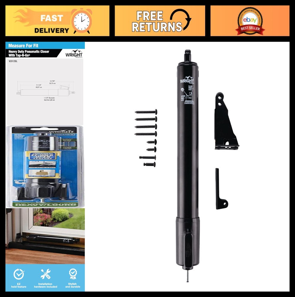 Heavy Duty Tap-N-Go Pneumatic Door Closer, Adjustable, Easy Install, Black Finis