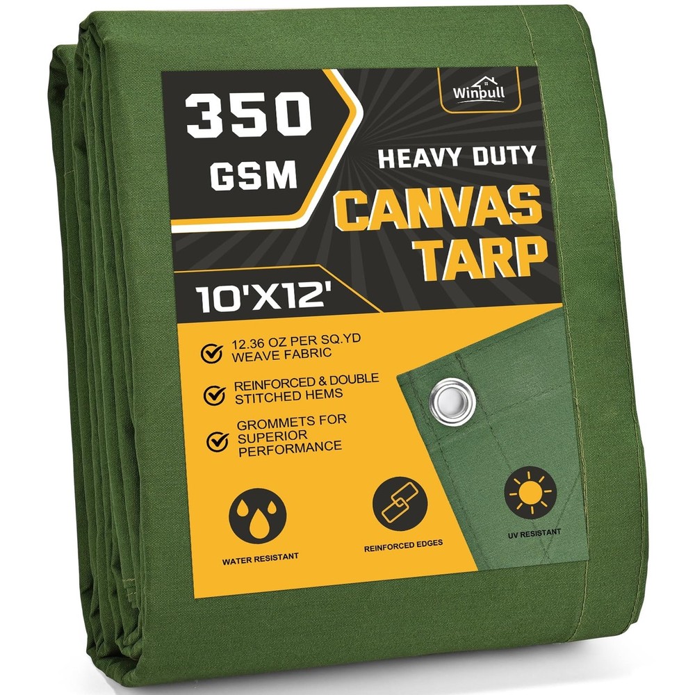 Winpull Heavy Duty Canvas Tarp 10×12 ft, 12oz (350 GSM) Polyester Canvas Wate…