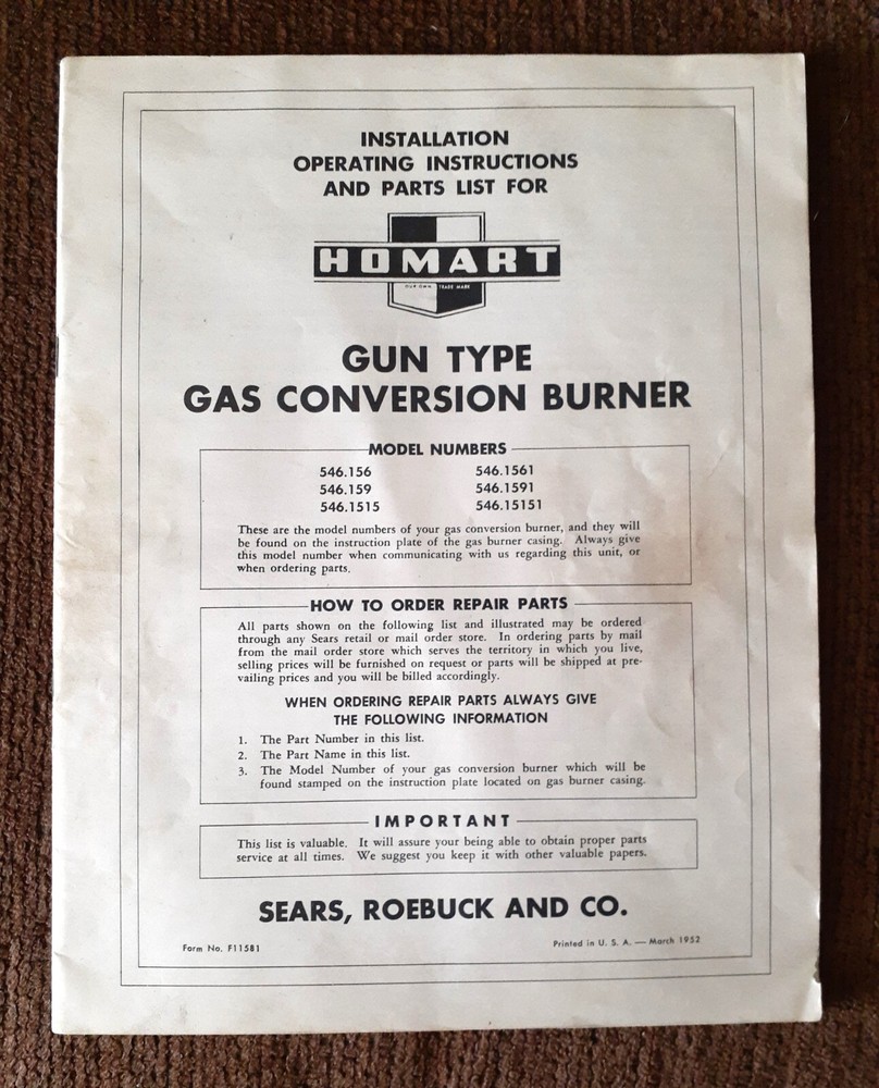 Sears, Roebuck & Co. Memorabilia 1952 Installation & Parts Homart Burner MANUAL
