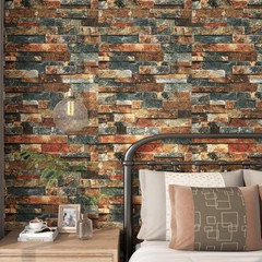 FunStick 15.8×472 Brown Red Blue 3D Brick Wallpaper Peel and Stick Textured B…