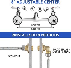 NEW! 21″ High Commercial Pre-Rinse Sink Faucet, Wall Mount, 8″ Adjustable Center