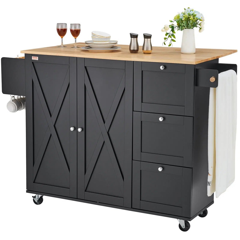 Kitchen Island Cart, 56″ Wood Top Mobile Carts with Storage Cabinet, Rolling Tab