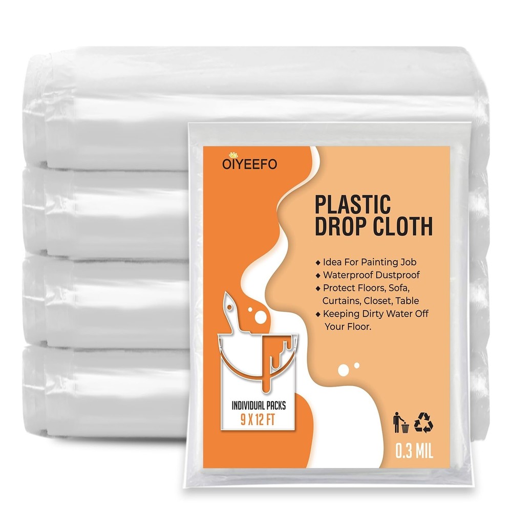 Clear Plastic Sheeting Drop Cloths for Painting, 5 Pcs 9x12ft Plastic Tarp Wa…