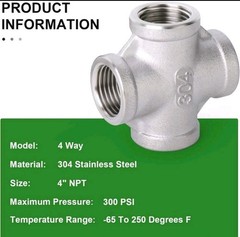Stainless Steel 4 Way Pipe Fitting 4″ x 4″ x 4″ x 4″ NPT Female Fittings