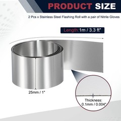 2 Pcs 1in x 3.3ft Stainless Steel Flashing Roll, 0.1mm Metal Roof Panels