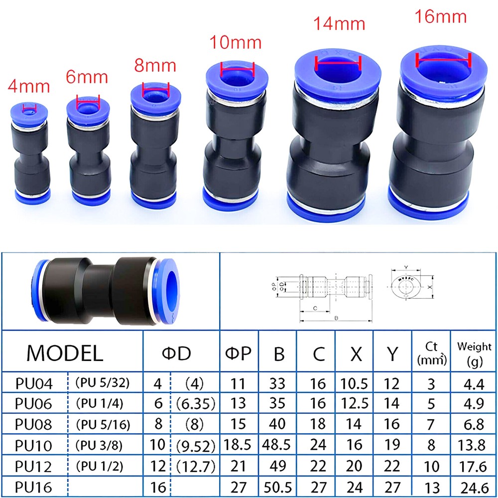 Pneumatic Push In Fitting Air Water Pipe – All Type Fittings 4-6-8-10-12-14-16mm