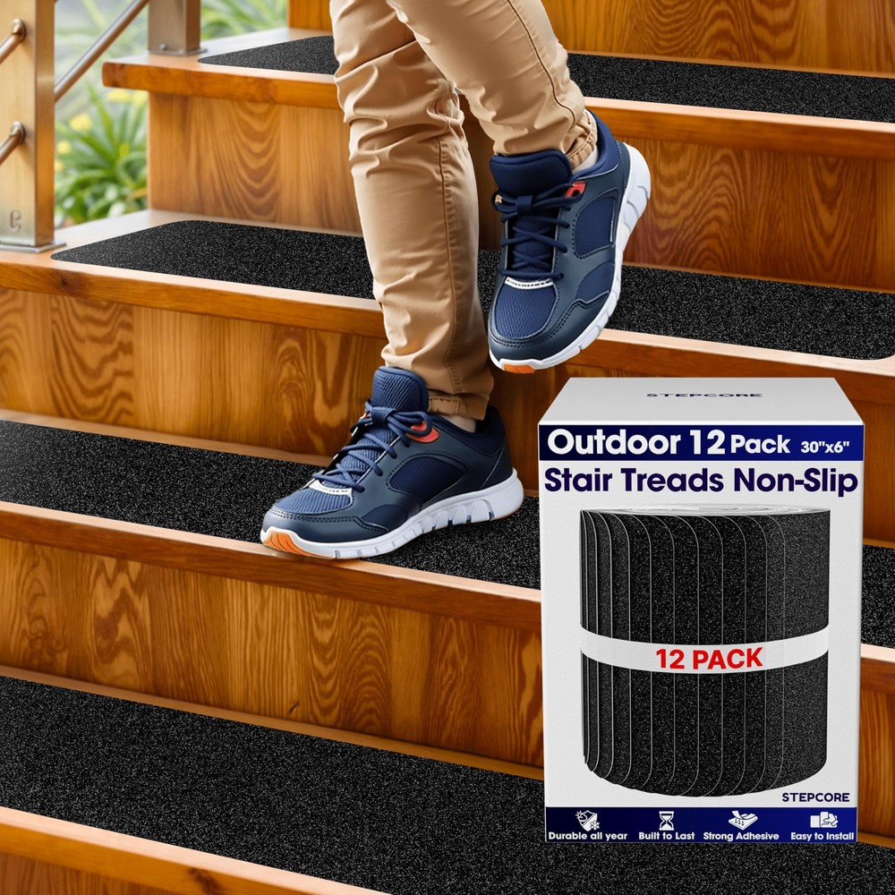 Outdoor Stair Treads Non Slip – 30″ x 6″ x x 12 Pack, Black –