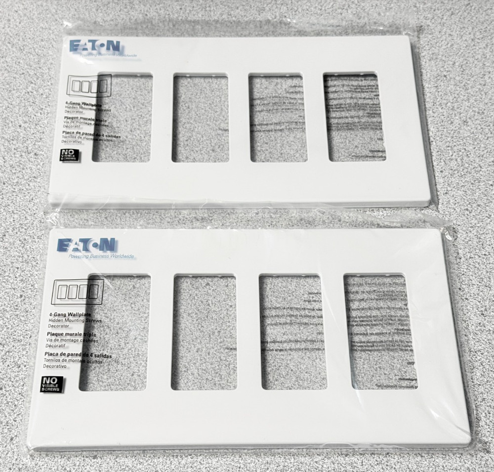 NEW Lot of 2 EATON PJS264W Decorator Screwless Wallplate, 4-Gang, White, Plastic